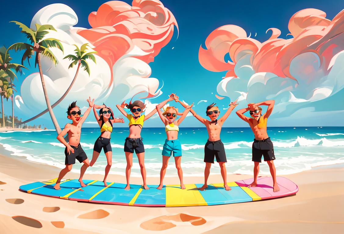 A group of young people embracing a gnarly day at the beach, sporting brightly colored board shorts and sunglasses, with palm trees and waves in the background..