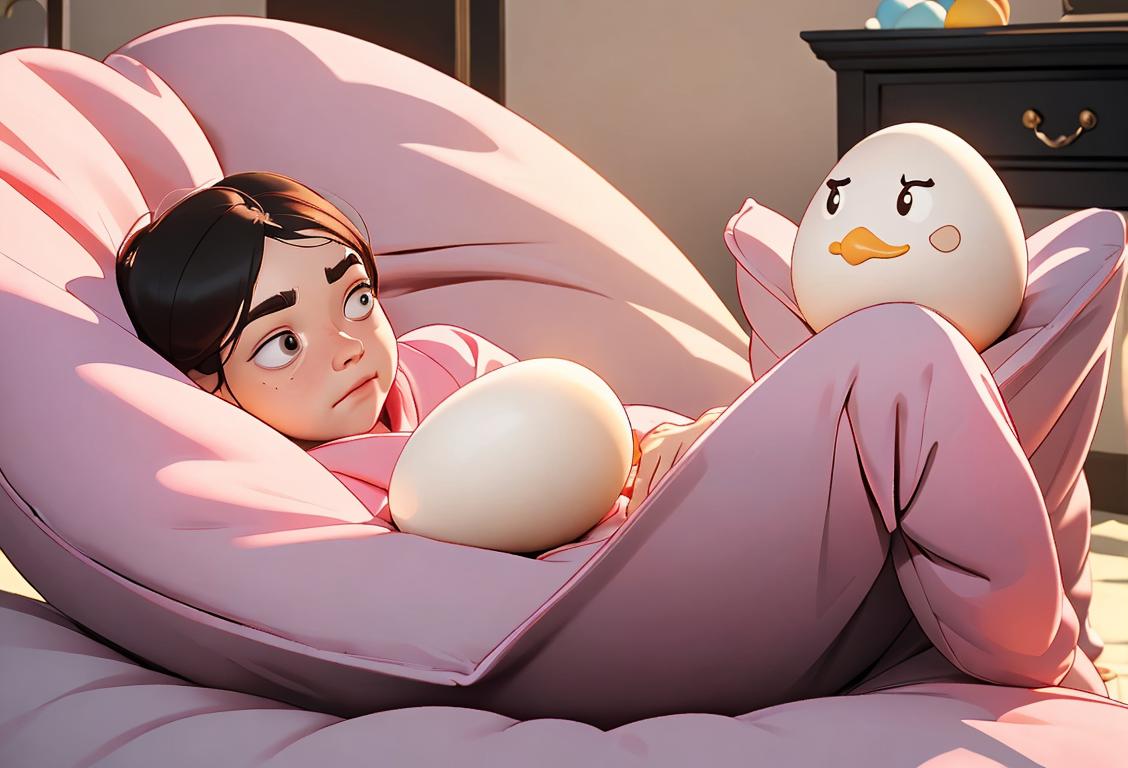 Young person resting on a bean bag chair, wearing cozy pajamas, surrounded by plush lazy egg toys, whimsical bedroom setting..
