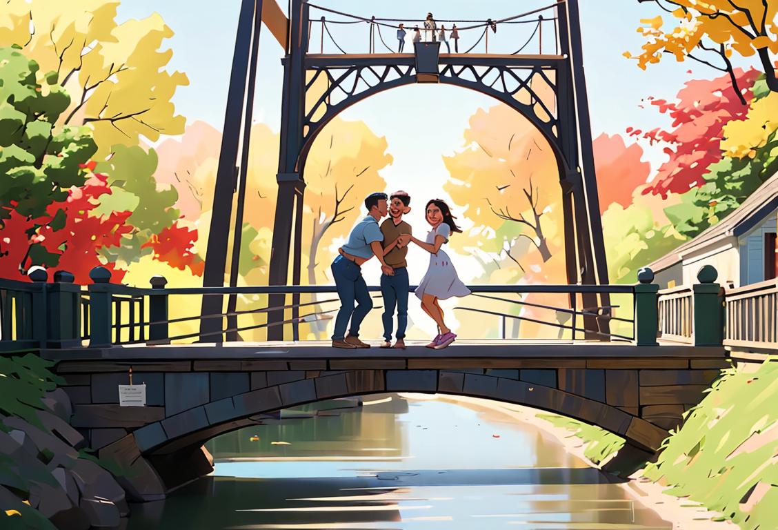 A diverse group of people, dressed in casual clothing, happily engaged in activities that require trust, like playing a trust fall game, walking on a trust bridge, and hugging each other with genuine smiles..