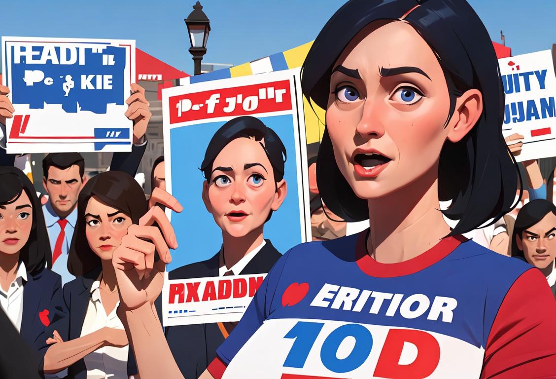 Person wearing patriotic attire, holding a campaign sign in a lively city setting with campaign posters and supporters in the background..
