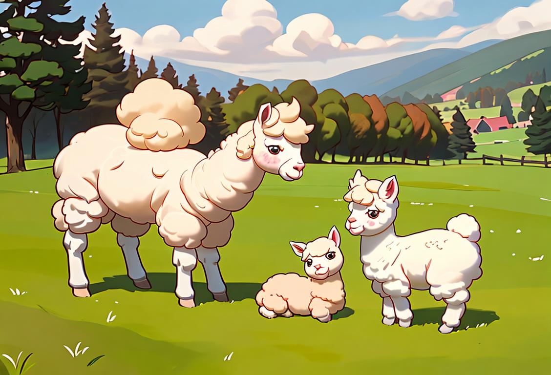 Sweet image of a young child gently petting an alpaca, wearing a cozy sweater, surrounded by a beautiful countryside landscape..