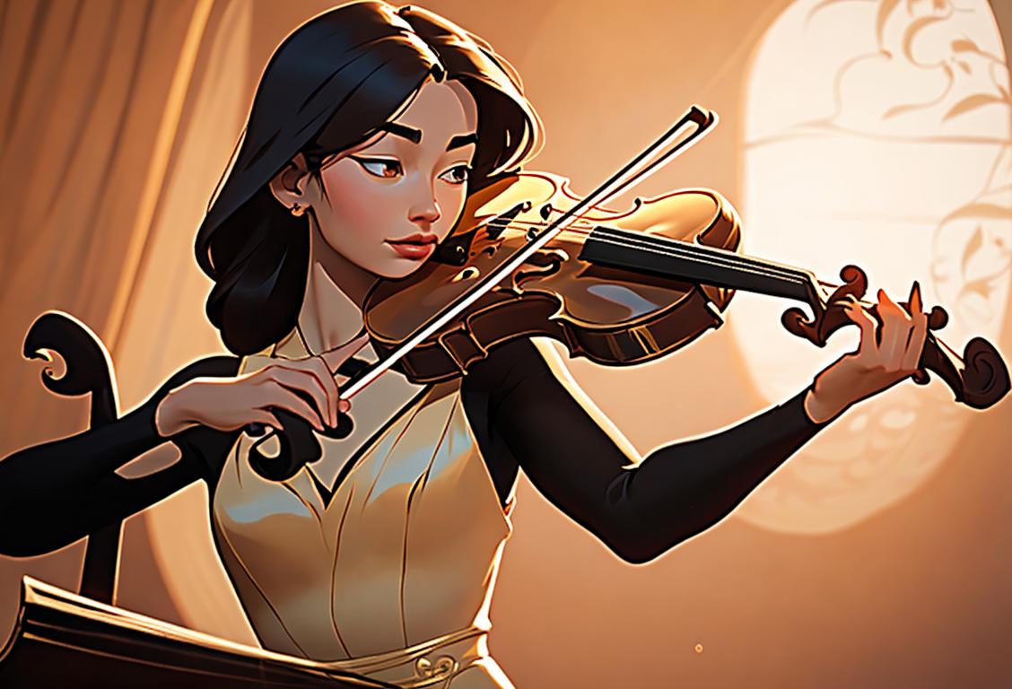 A graceful violinist in elegant attire, performing on a grand stage with a mesmerizing backdrop of golden hues..