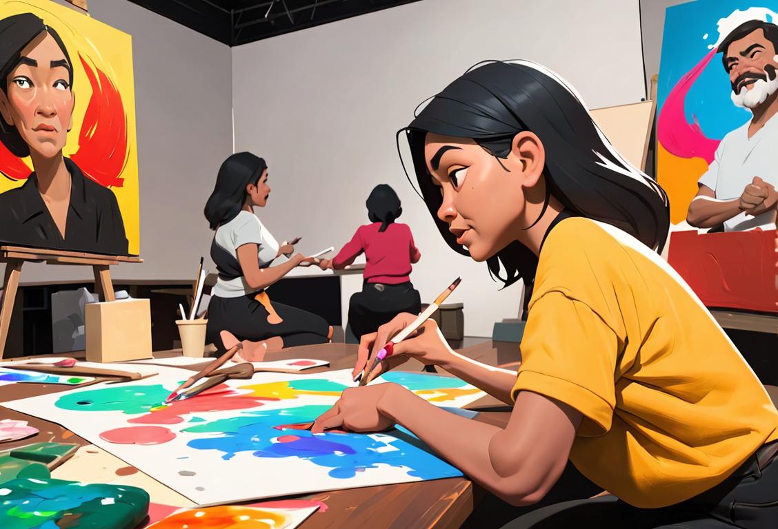 Group of people of diverse ages and ethnicities engaging in various creative activities, such as painting, sculpting, writing, and dancing, in a vibrant and lively studio environment..