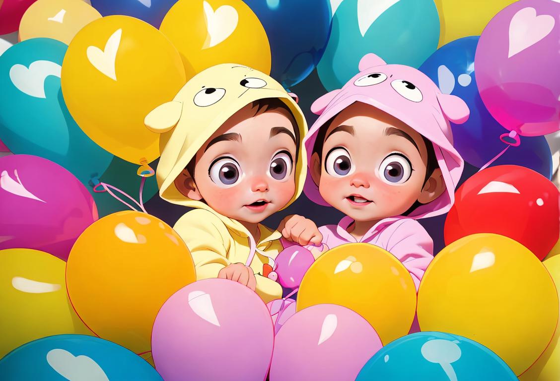 A group of tiny babies in adorable onesies, surrounded by colorful balloons, in a cheerful hospital nursery setting..