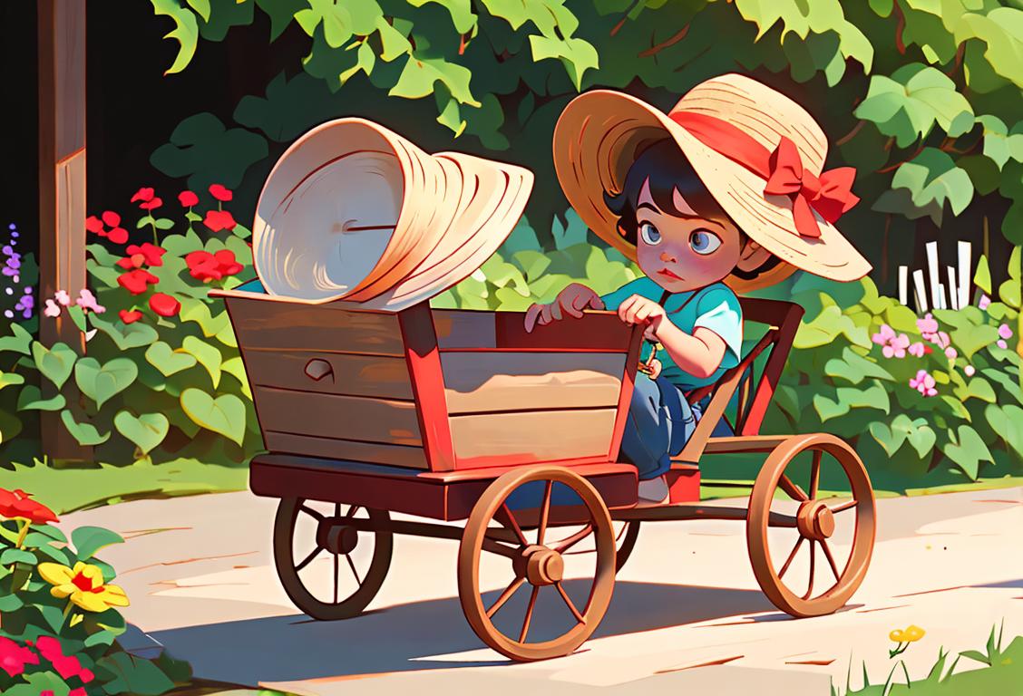 Young child pulling a red wagon, wearing overalls and a straw hat, in a colorful garden setting..