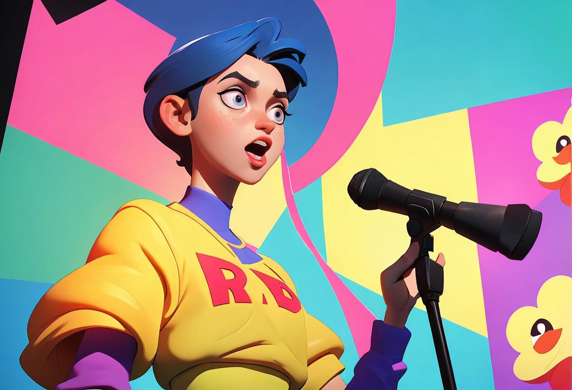 Young person dressed in trendy outfit, standing in front of a colorful backdrop resembling a social media timeline, holding a microphone with enthusiastic crowd in the background..