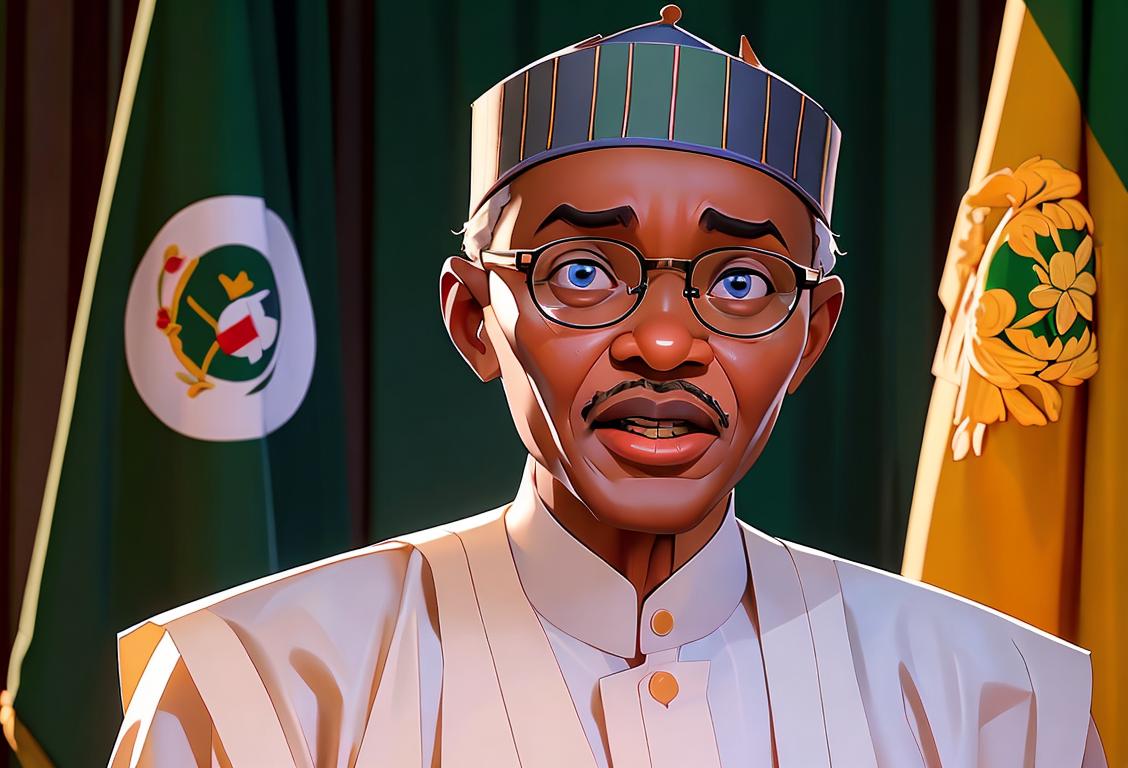 President Muhammadu Buhari delivering a national broadcast on Democracy Day, wearing a traditional Nigerian attire, in front of the Nigerian flag..