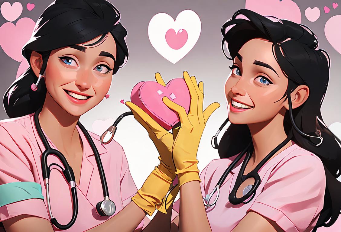 A nursing assistant in a cheerful scrubs outfit, holding a heart-shaped stethoscope, surrounded by smiling patients and flowers..