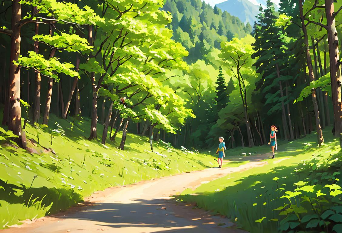 A happy family hiking through a lush green forest, wearing comfortable outdoor clothing, surrounded by beautiful mountains and wildlife..