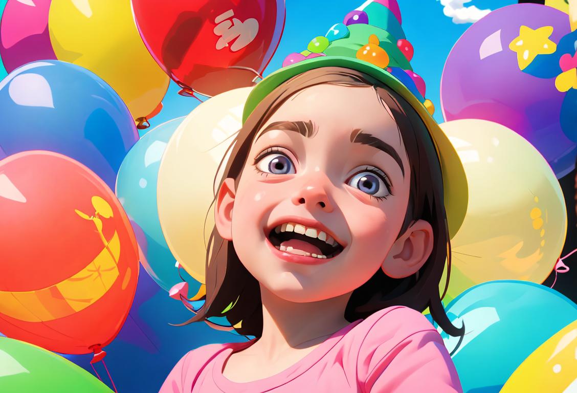 Young child laughing, wearing a party hat, surrounded by colorful balloons, festive party atmosphere..