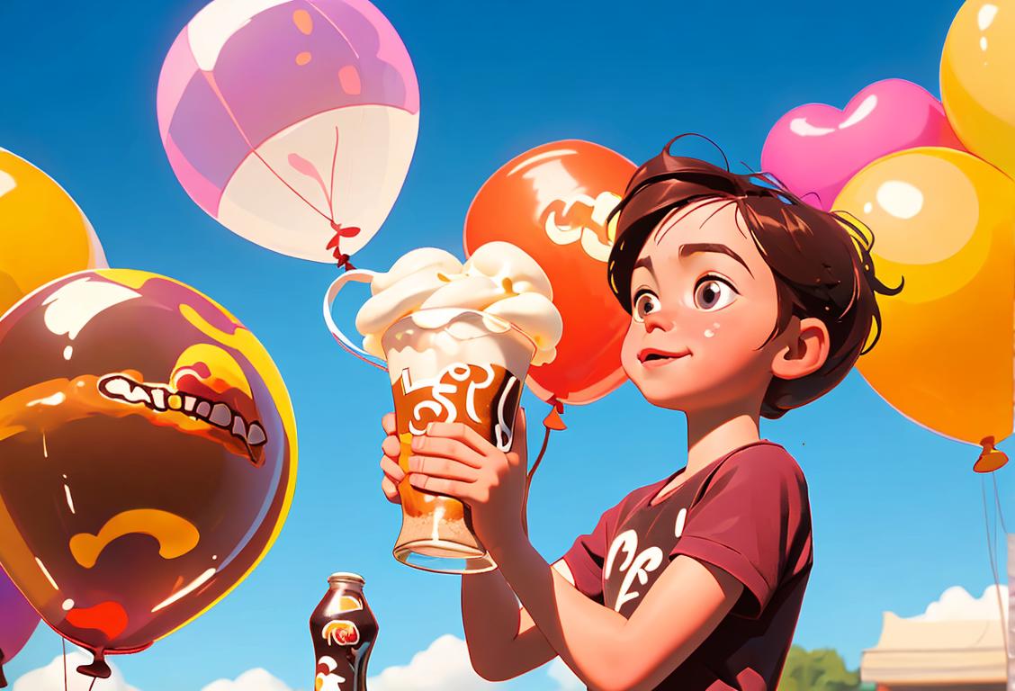 A joyful child holding a tall glass filled with a rootbeer float, surrounded by colorful balloons and a sunny park backdrop..
