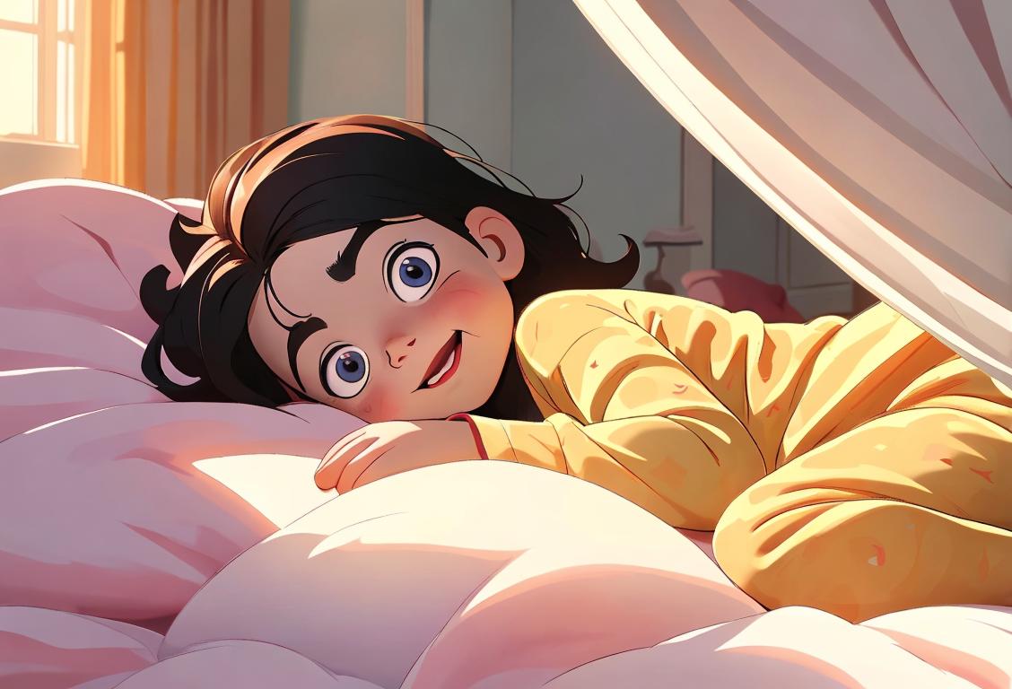 A cheerful child in pajamas, surrounded by fluffy pillows and a messy bed, with sunlight streaming through the curtains..