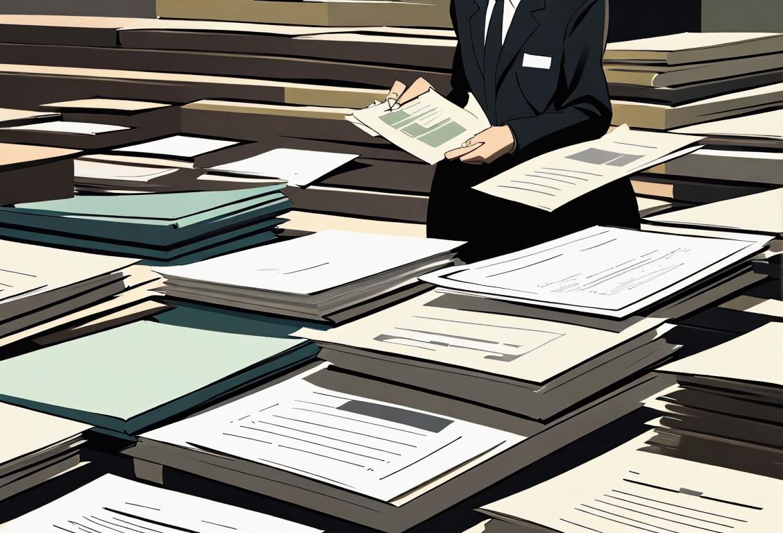 Person wearing business attire, holding a clean drug test result, surrounded by stacks of job application forms..