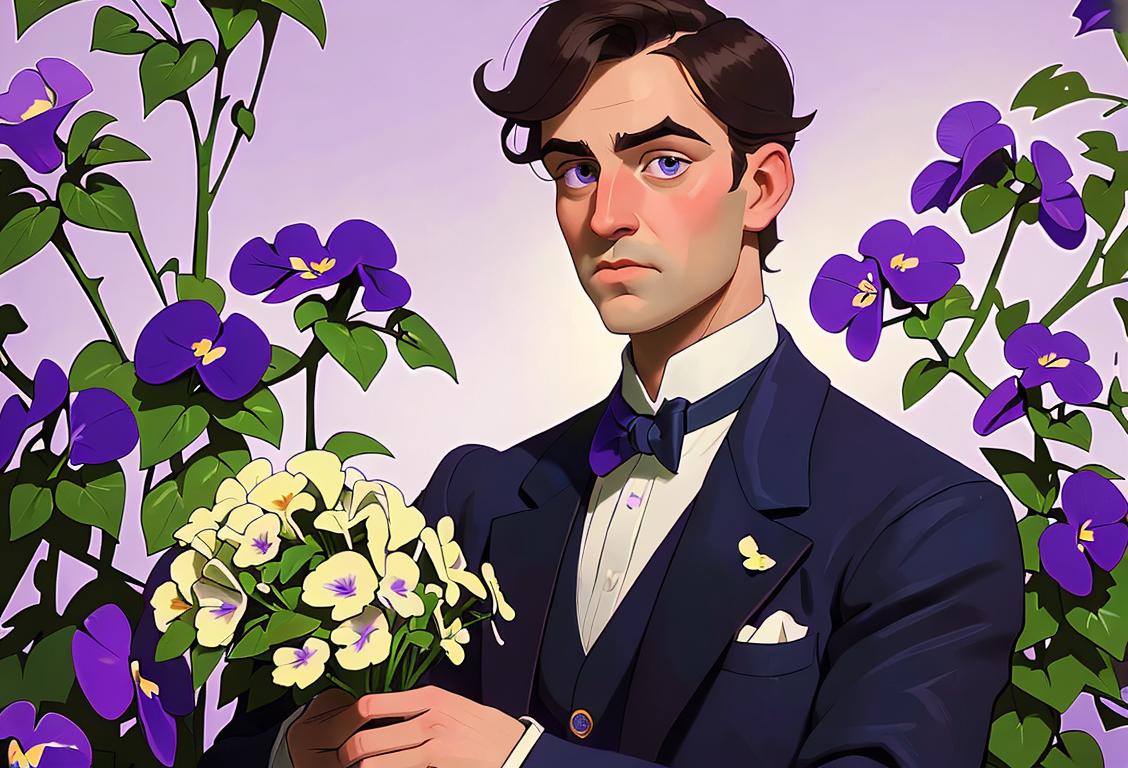 Gentleman holding a bouquet of violets, wearing a vintage suit, Victorian garden setting..