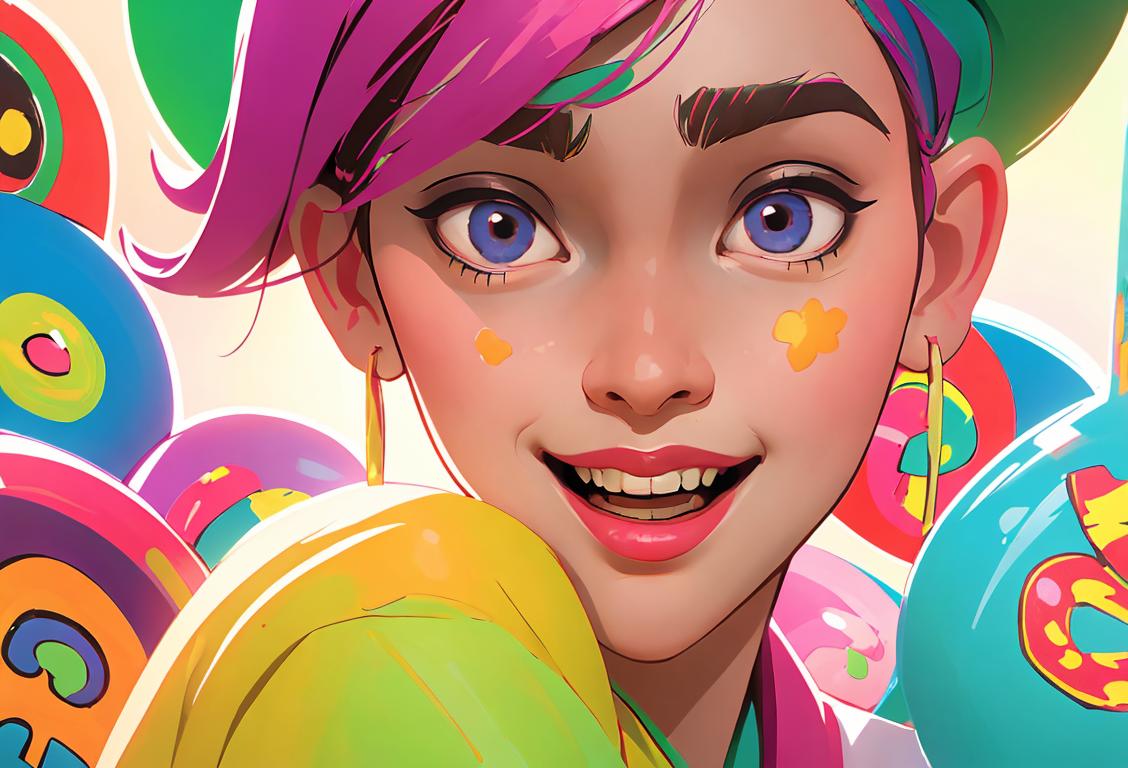 Young woman with a joyful hobi-themed outfit, surrounded by colorful decorations and a festive atmosphere..