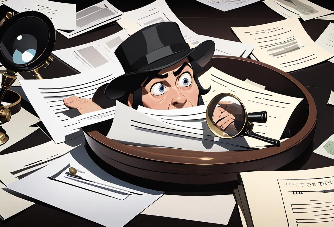 A person wearing a detective hat, examining a magnifying glass, surrounded by stacks of paper and documents..