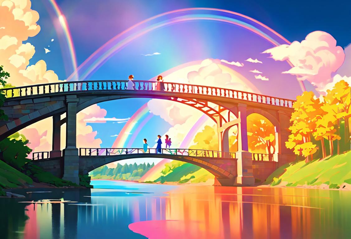 Sweet image of a person standing on a colorful bridge surrounded by vibrant rainbows, with a serene natural setting.