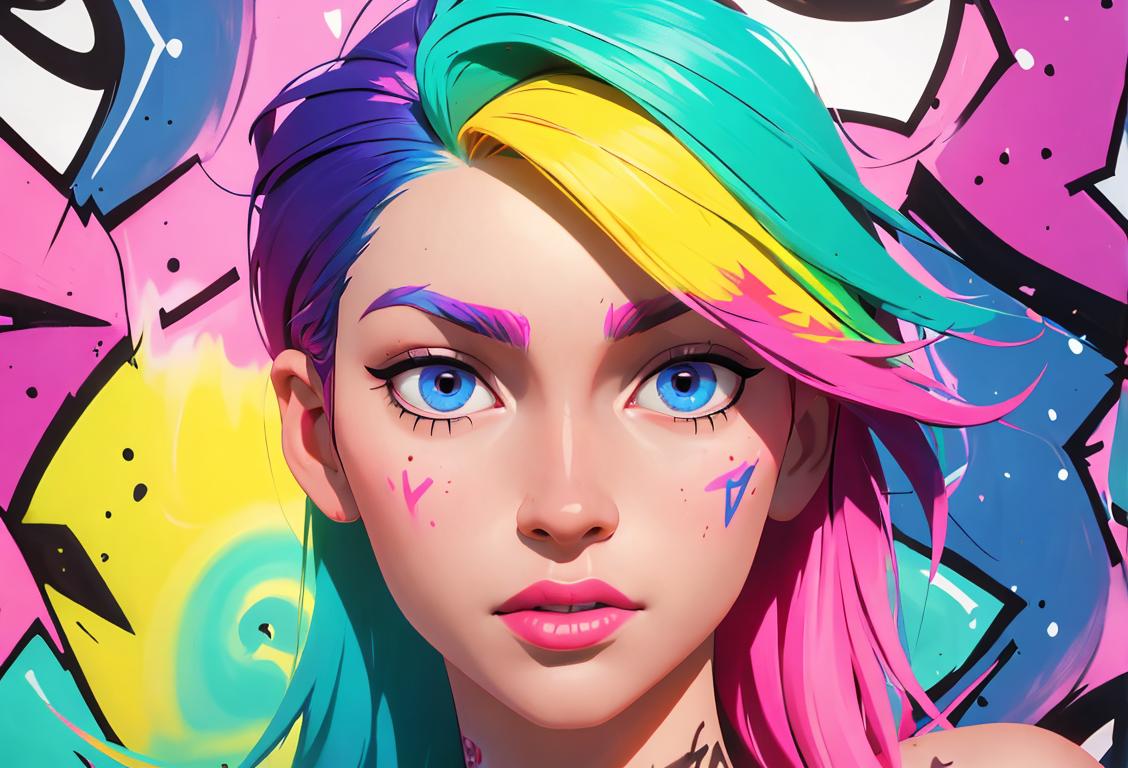 A person with vibrant hair dye, wearing trendy clothing, posing in front of a colorful graffiti wall..