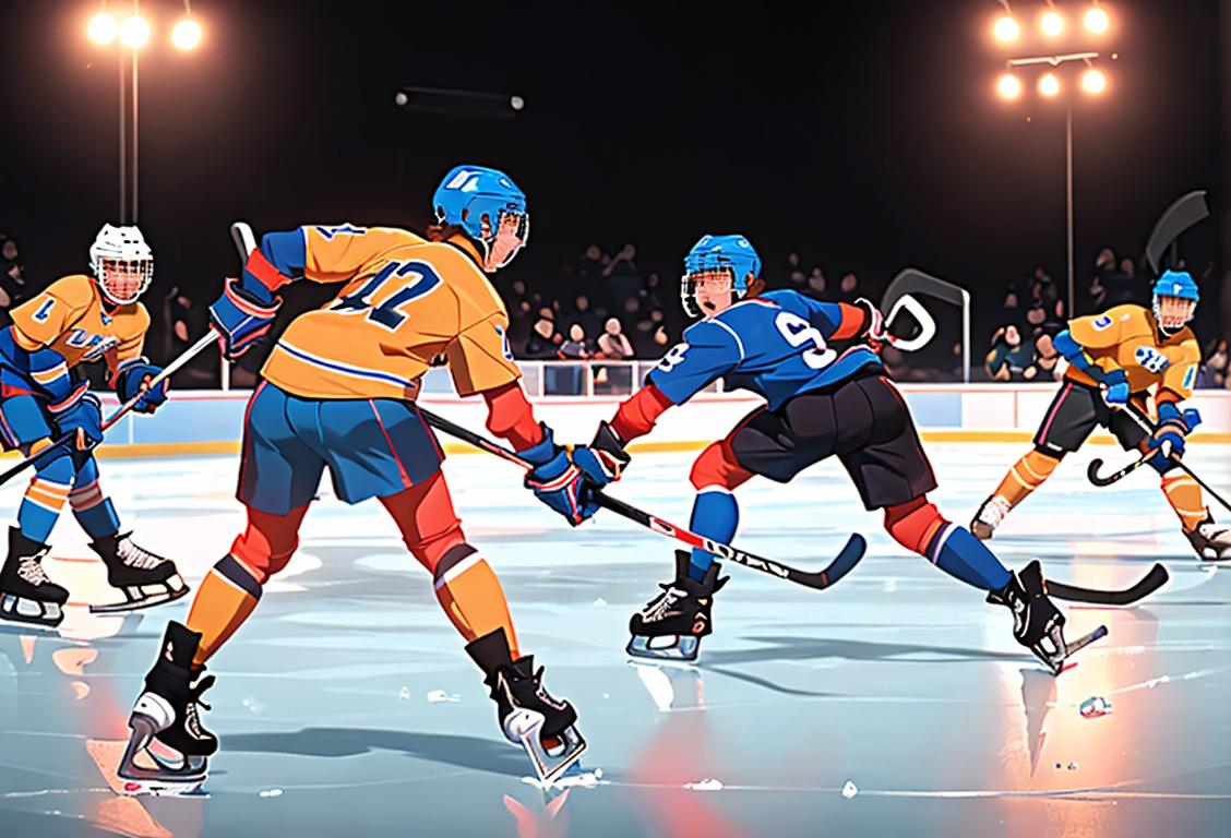 Two ice hockey players intensely chasing the puck on an icy rink, wearing jerseys and helmets, amidst roaring crowds and colorful arena lights..