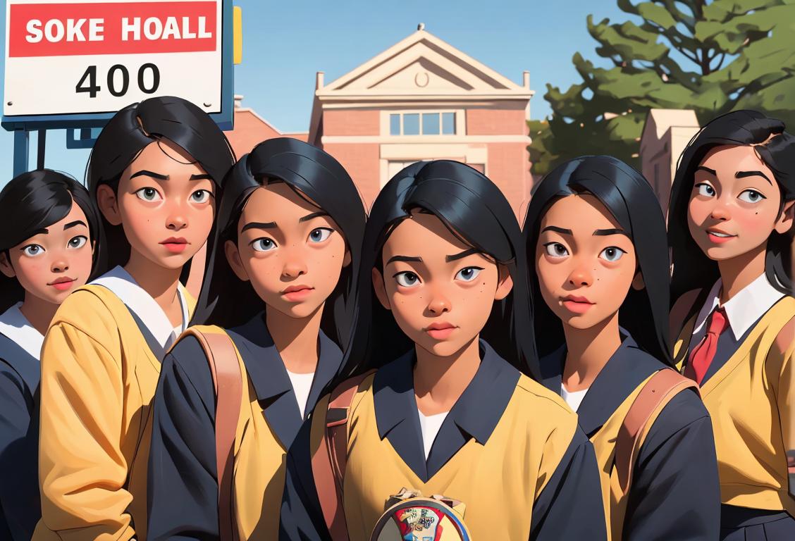 A group of diverse students, wearing their favorite outfits, strike a pose in front of their school sign on National School Picture Day!.