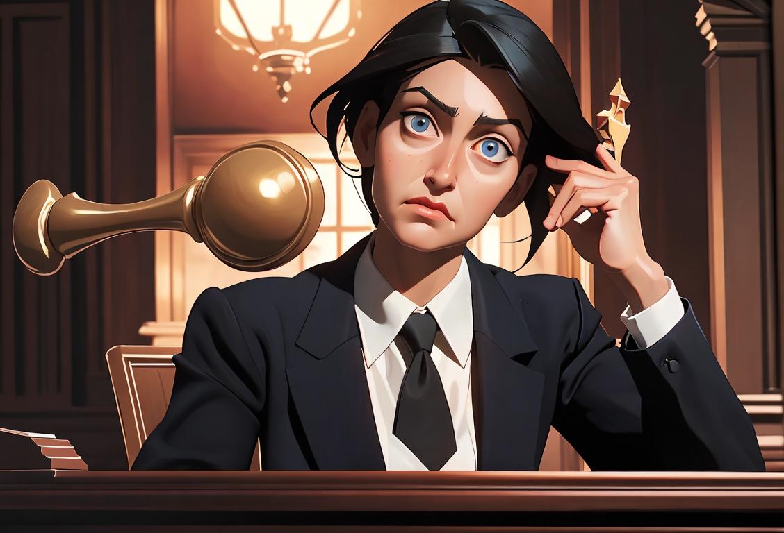 A confident lawyer with a gavel in hand, wearing a professional suit, iconic courtroom setting..