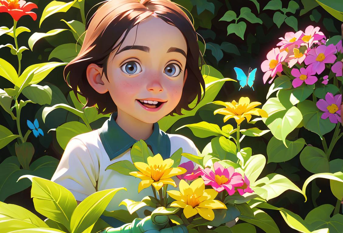 A cheerful child with a butterfly net, wearing gardening gloves, exploring a vibrant garden full of flowers and plants..