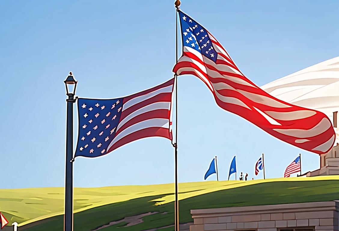 Flag hanging from a pole, against a blue sky backdrop, in a patriotic outdoor setting, with people dressed in formal attire..