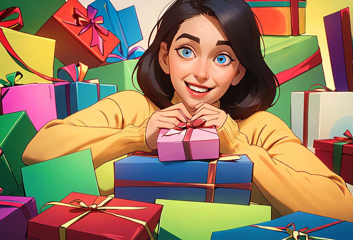 A joyful person holding a stack of colorful gift cards, wearing a cozy sweater, surrounded by presents and holiday decorations..
