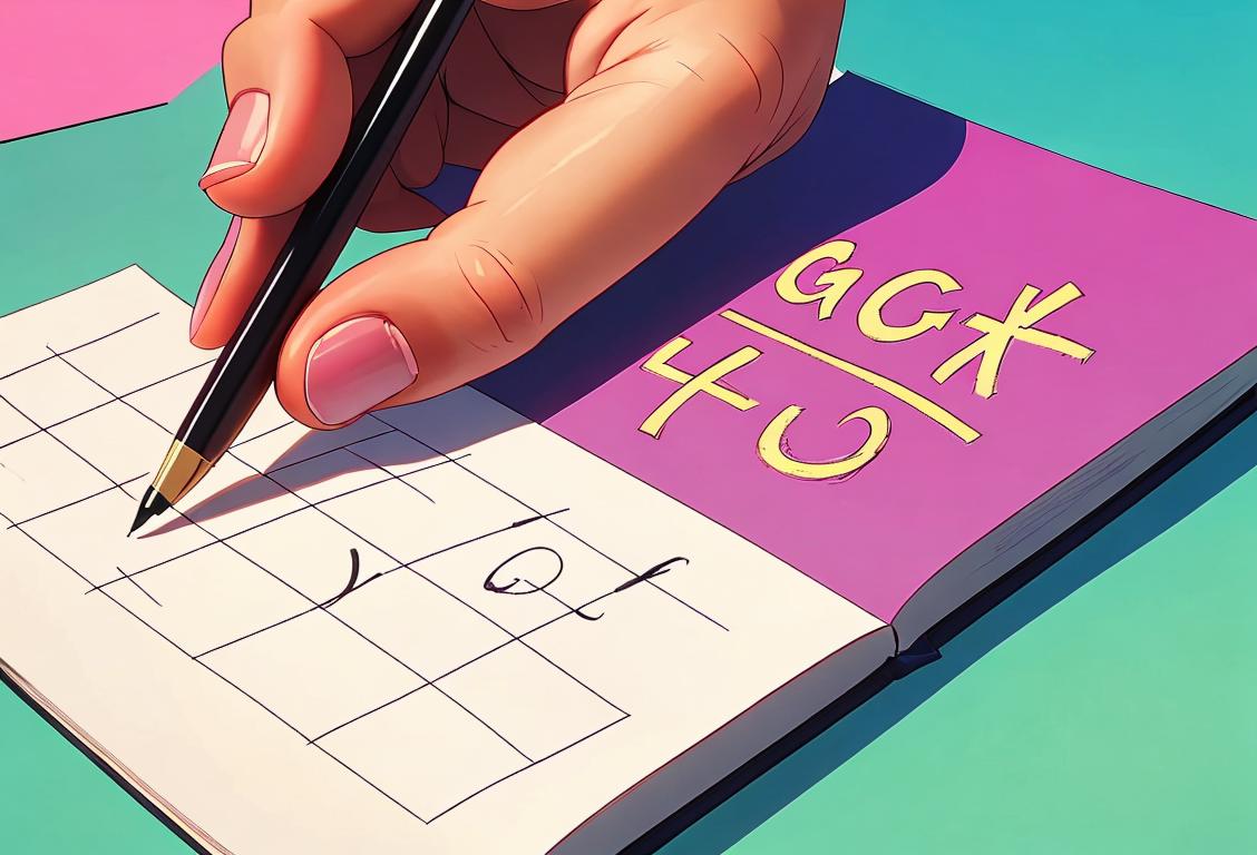 Person writing down their goals with a smile, using a bright colored pen, surrounded by motivational quotes and scenic pictures of success..