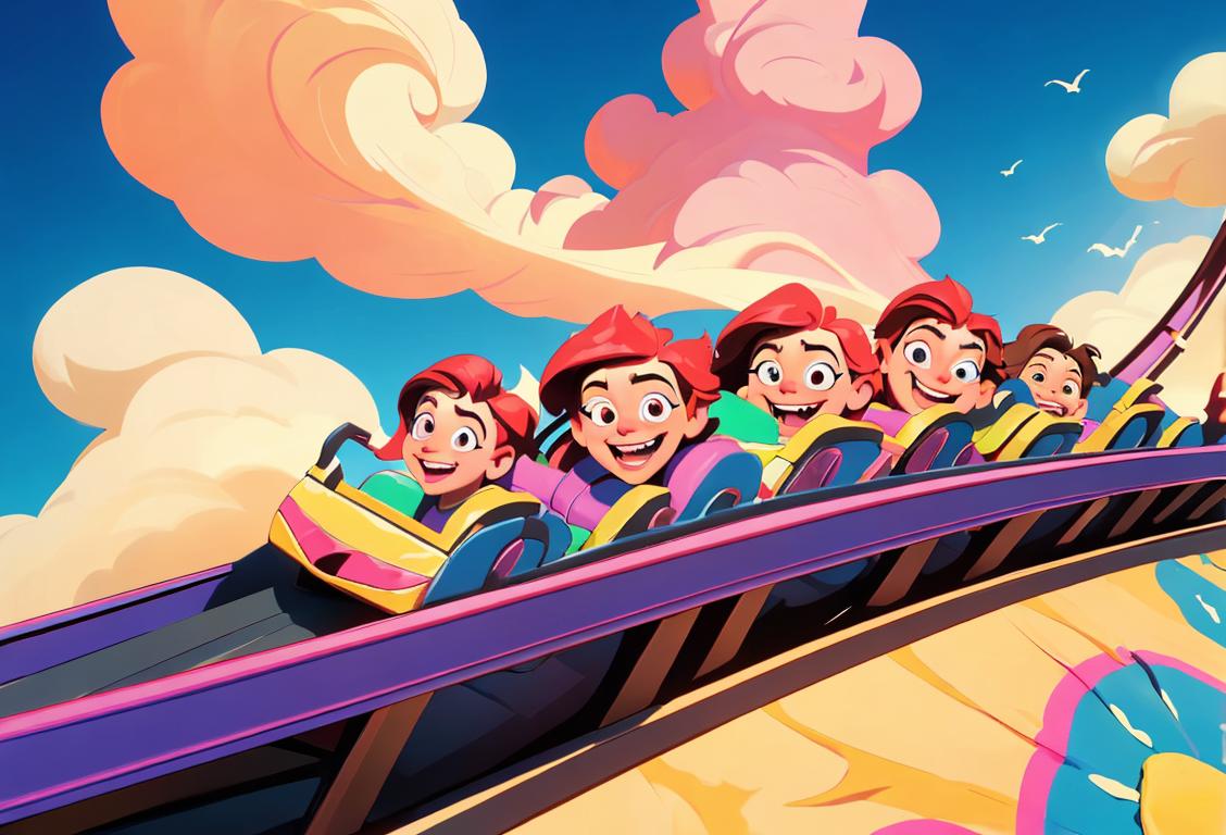 Thrill-seekers on a virtual roller coaster ride, whooshing through the clouds, wearing colorful outfits and excited expressions, amusement park setting..