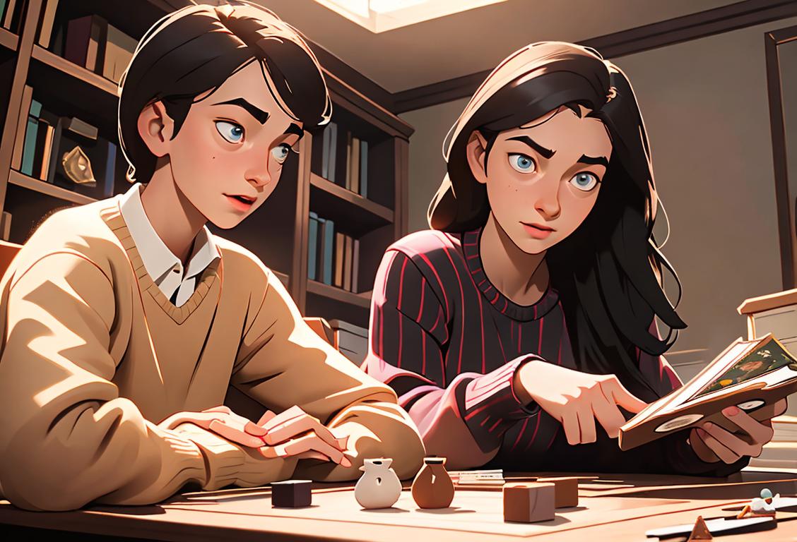 Two students playing a board game in a cozy, well-lit library, one wearing a plaid shirt and the other in a striped sweater..