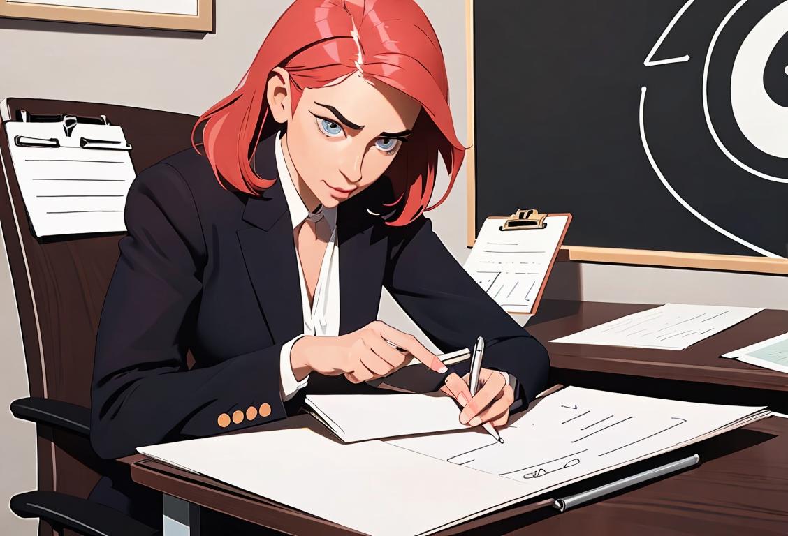 A person holding a clipboard with survey charts, wearing a professional attire in a modern office setting..