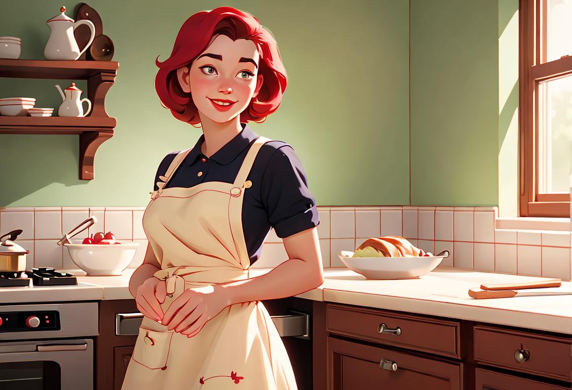 Young woman in a kitchen, holding a cherry turnover with a smile, wearing a vintage inspired apron and retro kitchen decor..
