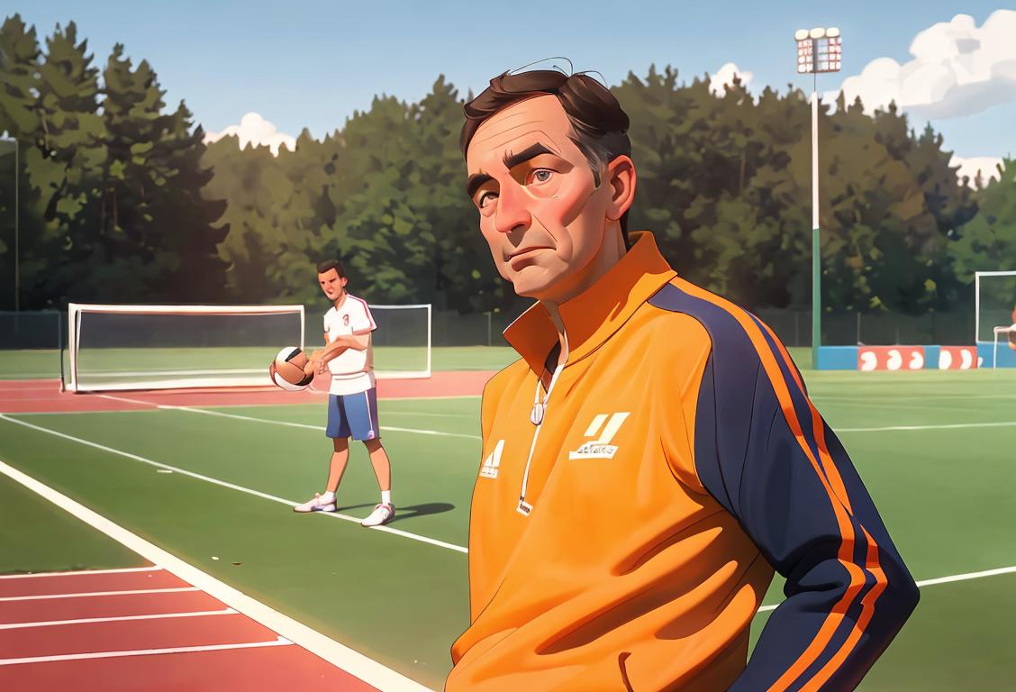 A friendly coach with a whistle, wearing a tracksuit, on a sports field with eager athletes..