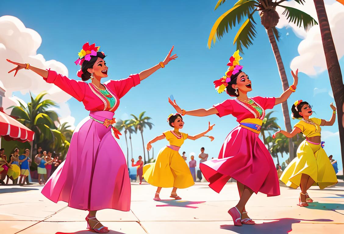 Cheerful group of Puerto Rican dancers in colorful traditional attire, swaying to lively music, vibrant street celebration with palm trees in the background..