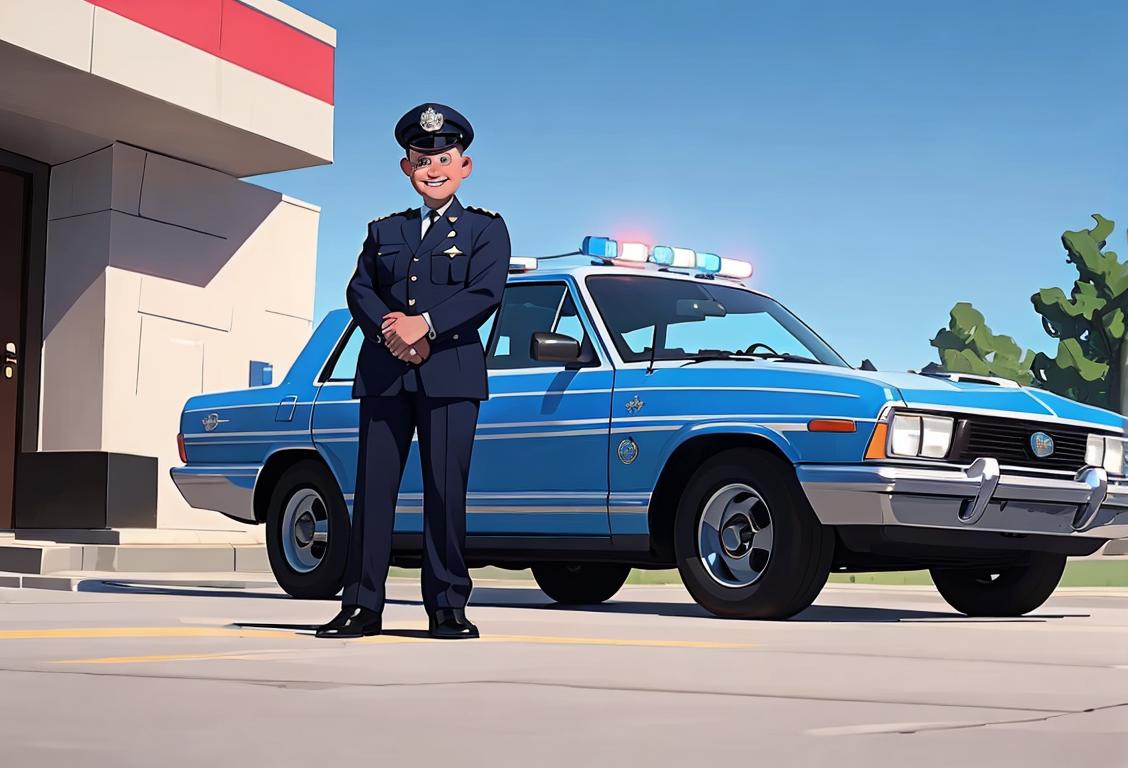 A smiling police officer in uniform, standing next to a patrol car, with a community in the background..