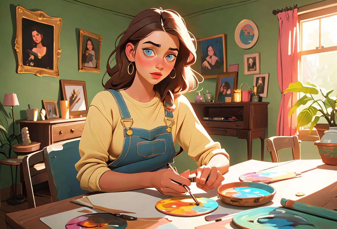 A young woman using a paintbrush to decorate a room, wearing overalls, boho chic fashion style, cozy home setting.