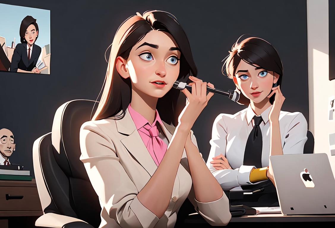 Young professional sitting confidently in a modern office, dressed in professional attire, surrounded by interviewers with impressed expressions..