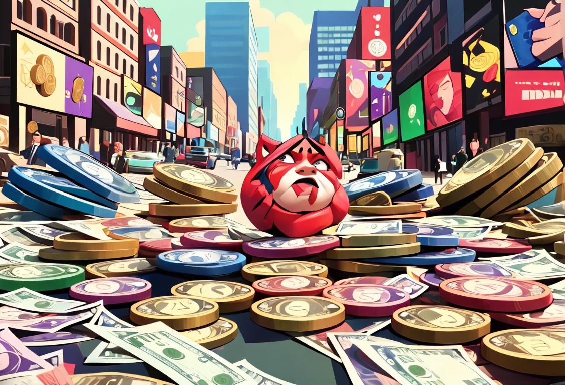 Colorful mix of cash currencies, representing National Debt Every Day, surrounded by people in formal attire, bustling city setting..