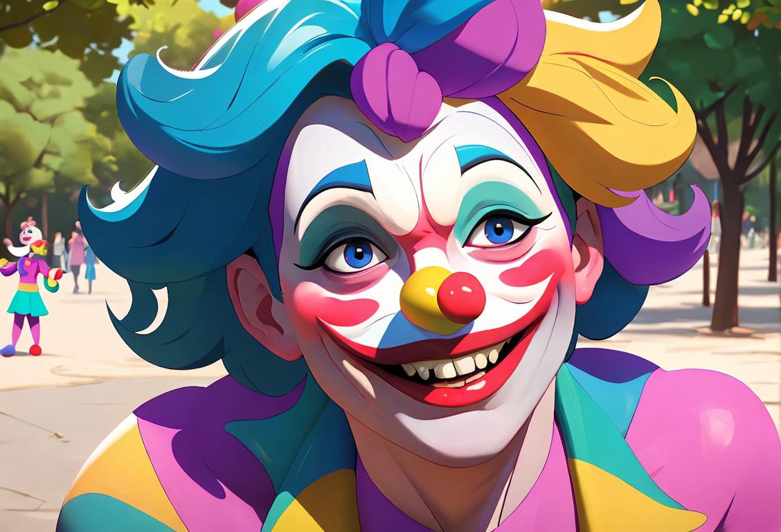 A person, wearing a colorful clown costume, in a park, surrounded by children laughing and enjoying funny jokes.