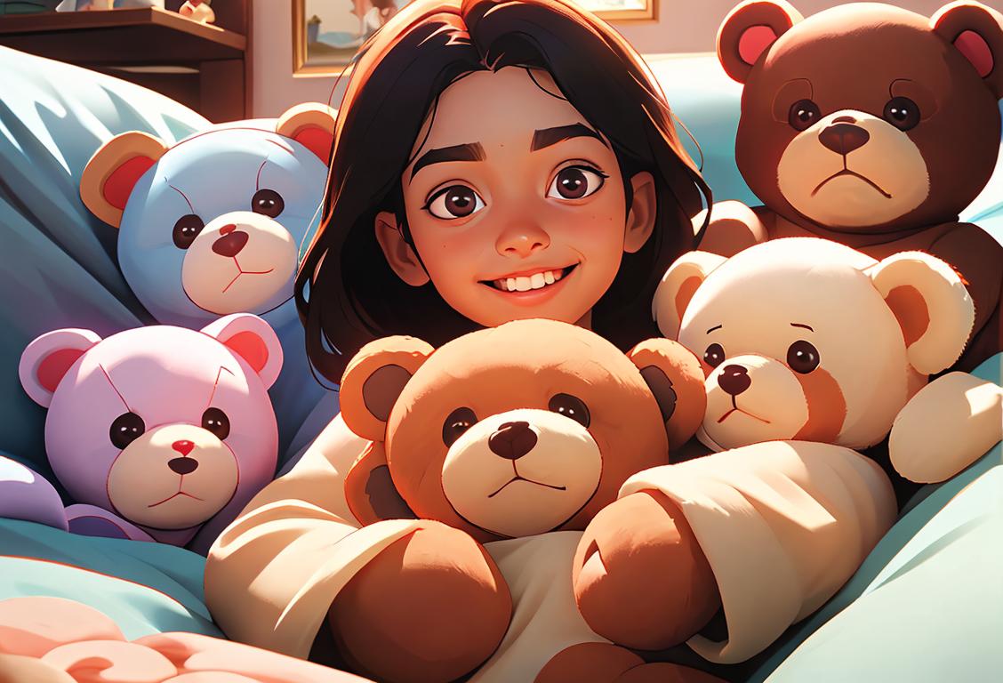 A group of diverse children with beaming smiles, surrounded by teddy bears, in a cozy living room filled with cuddly toys and blankets..