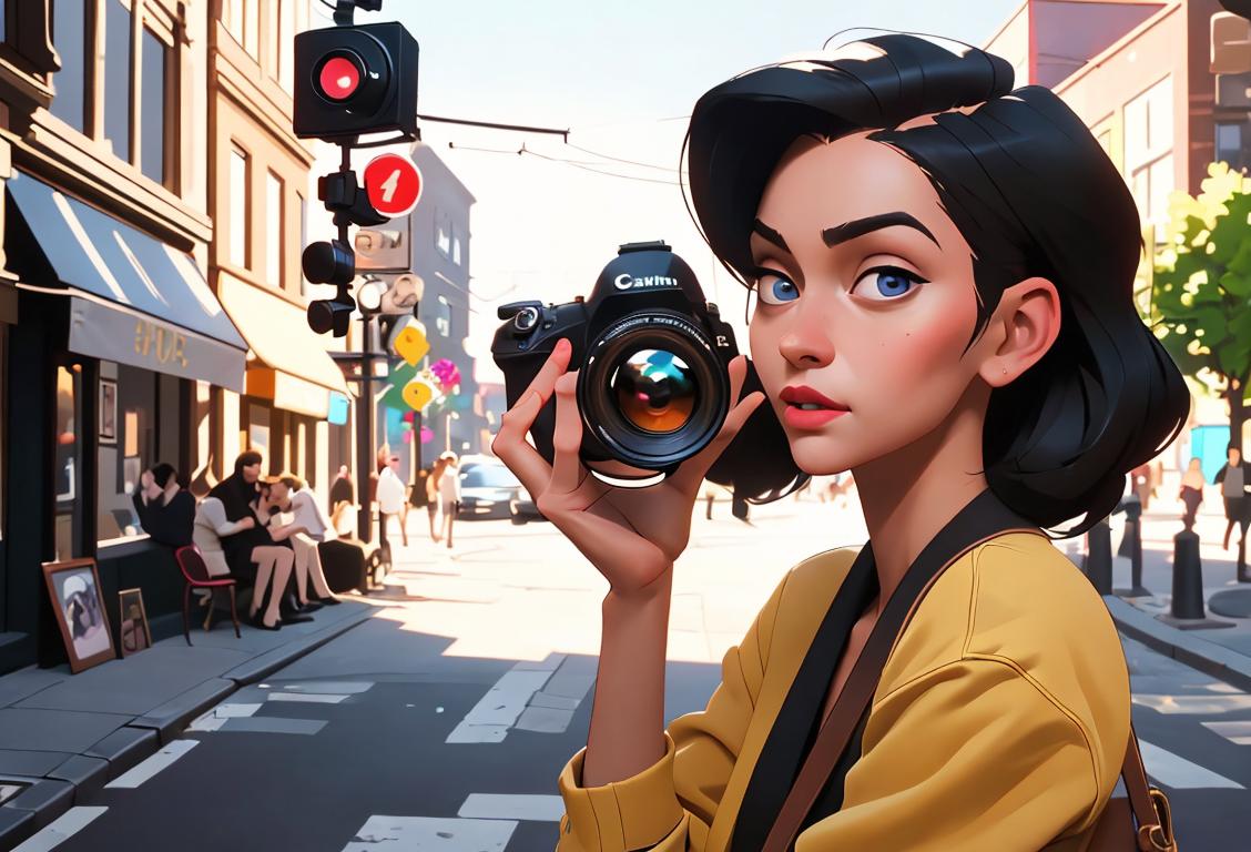 Capture the beauty of the world through your lens! A photographer in a trendy urban setting, stylishly dressed, clicking a stunning shot of a lively street scene..