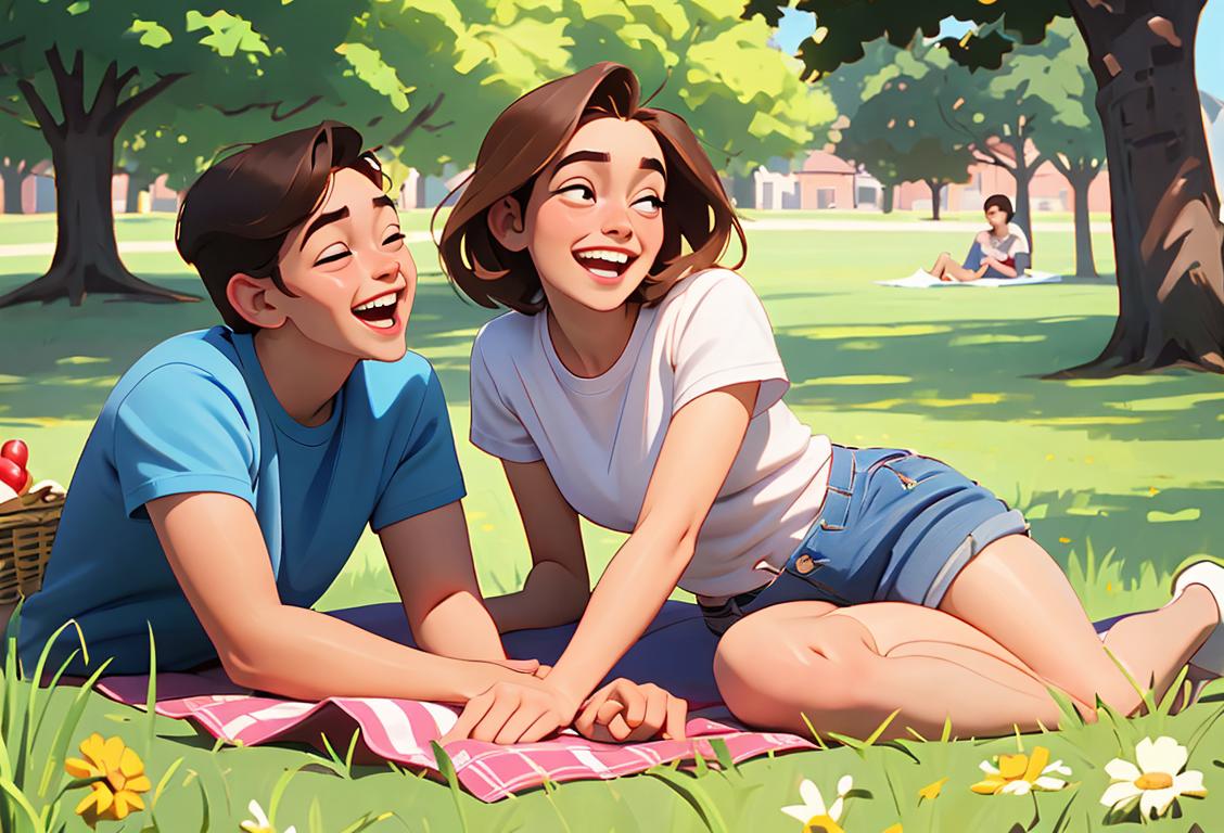 Young adults laughing together, wearing matching t-shirts, retro fashion, outdoors picnic setting..