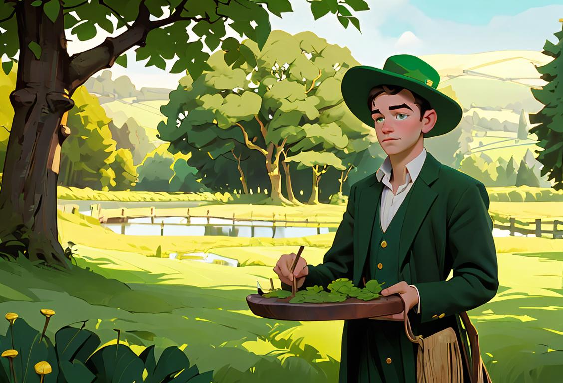 Young man wearing a traditional Irish hat, holding a wooden paddle, surrounded by lush green countryside in Ireland.
