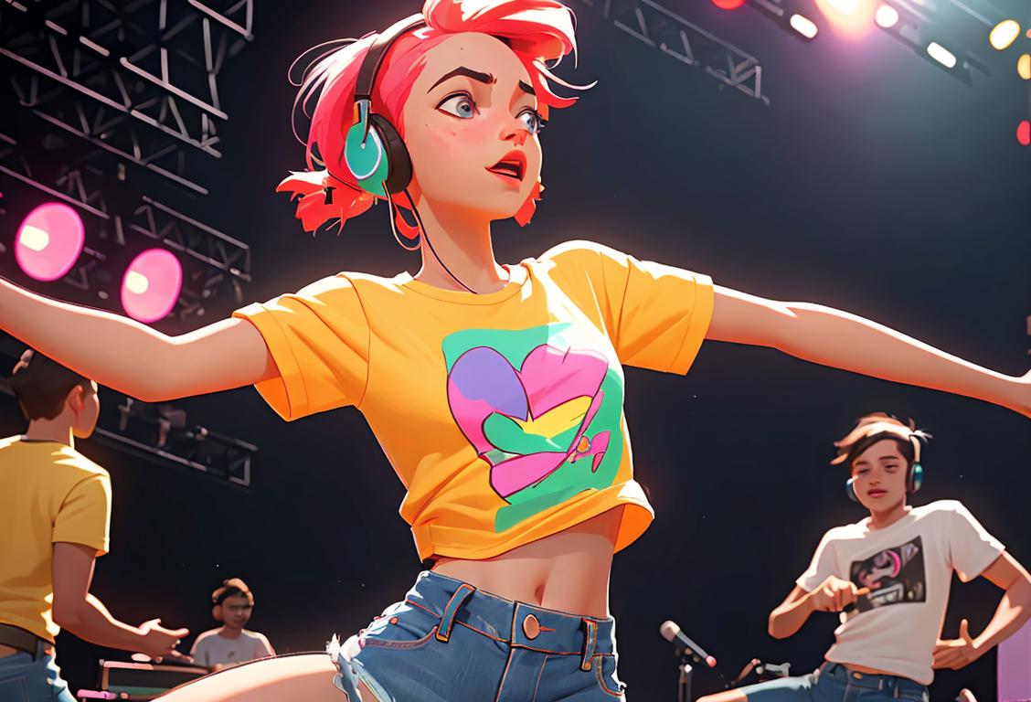 Young person with headphones, dancing energetically in a vibrant music festival setting, wearing a stylish t-shirt and denim shorts..