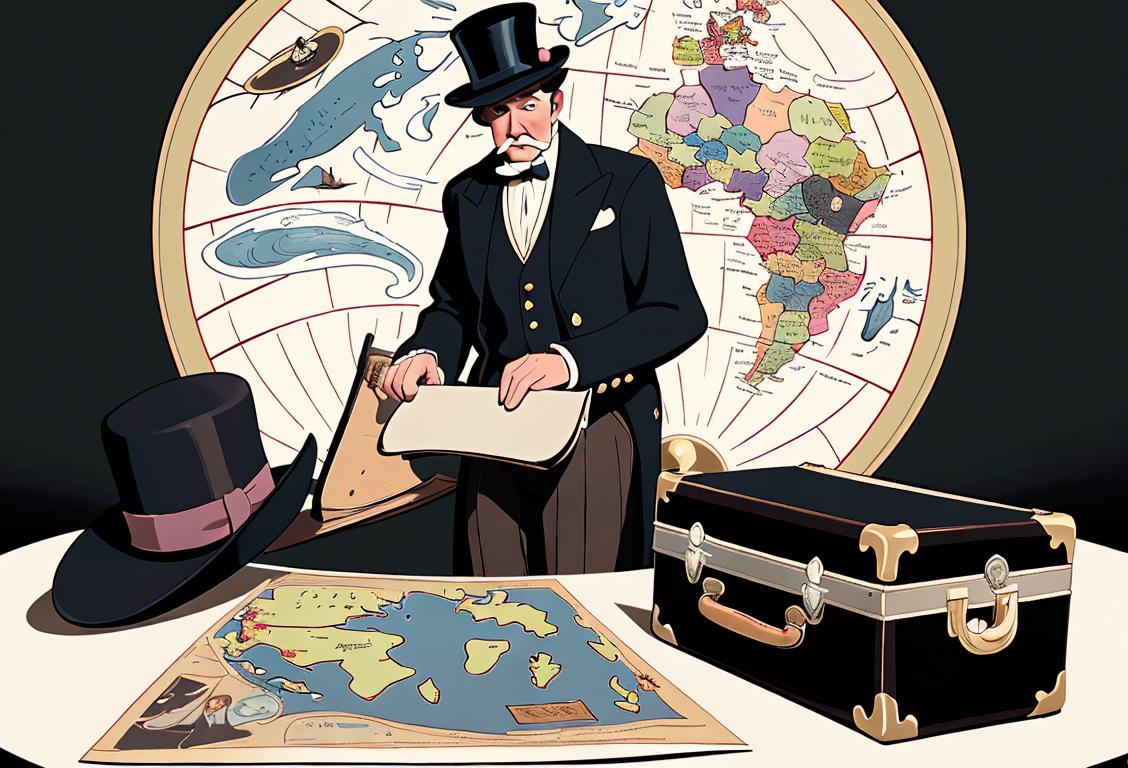 A well-dressed British gentleman wearing a bowler hat, surrounded by an assortment of intriguing travel-related objects, like suitcases and maps..