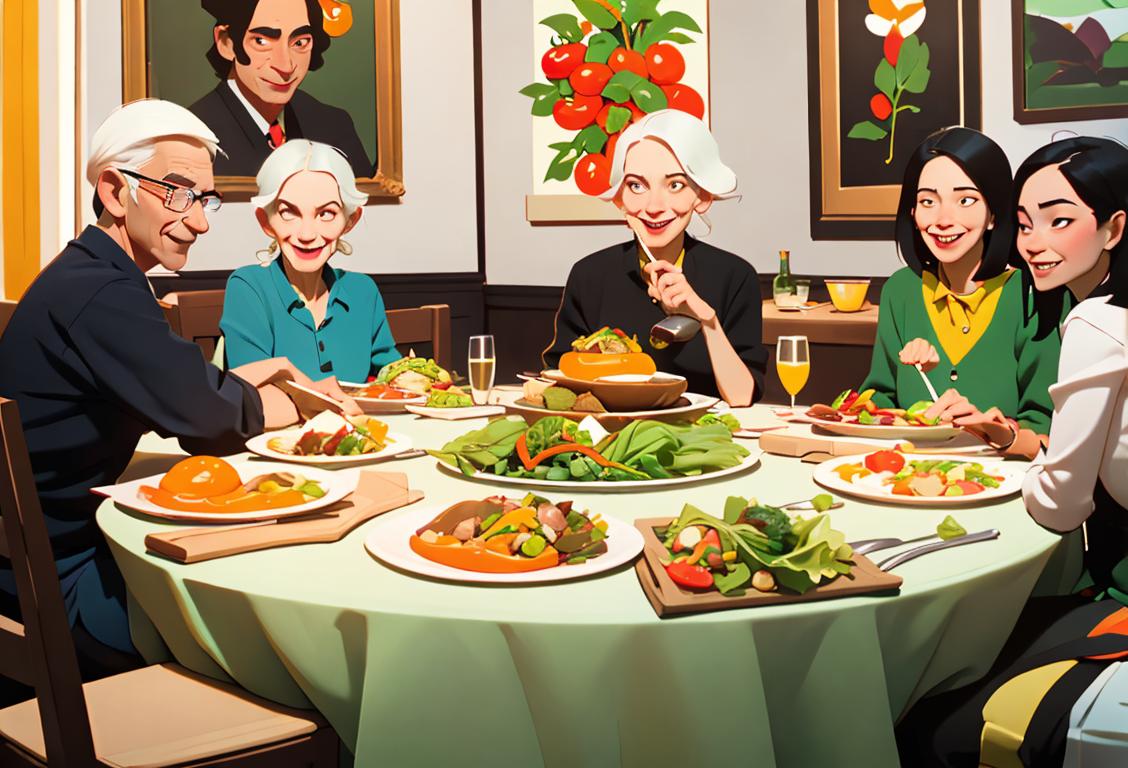 A diverse group of people joyfully gathered around a table filled with vibrant vegetarian dishes, representing the spirit of National Vegetarian Day celebration..