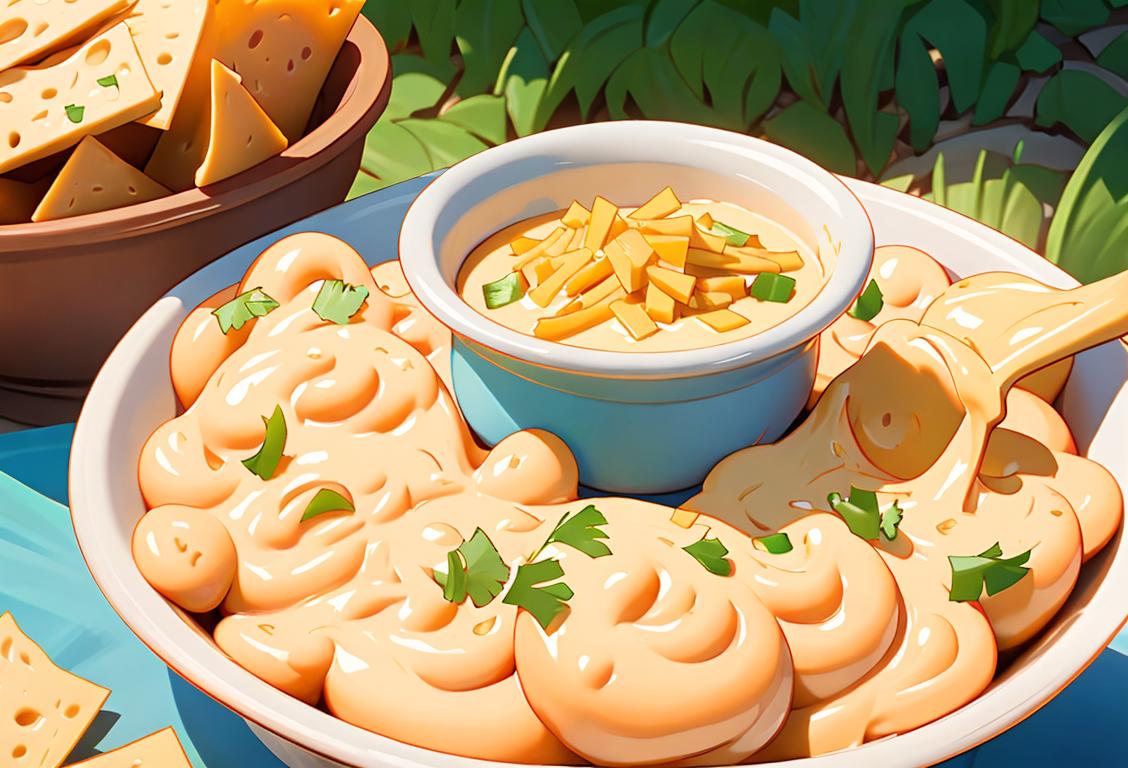 Cheesy dip overflowing from a bowl, surrounded by a group of happy friends, enjoying a backyard picnic..