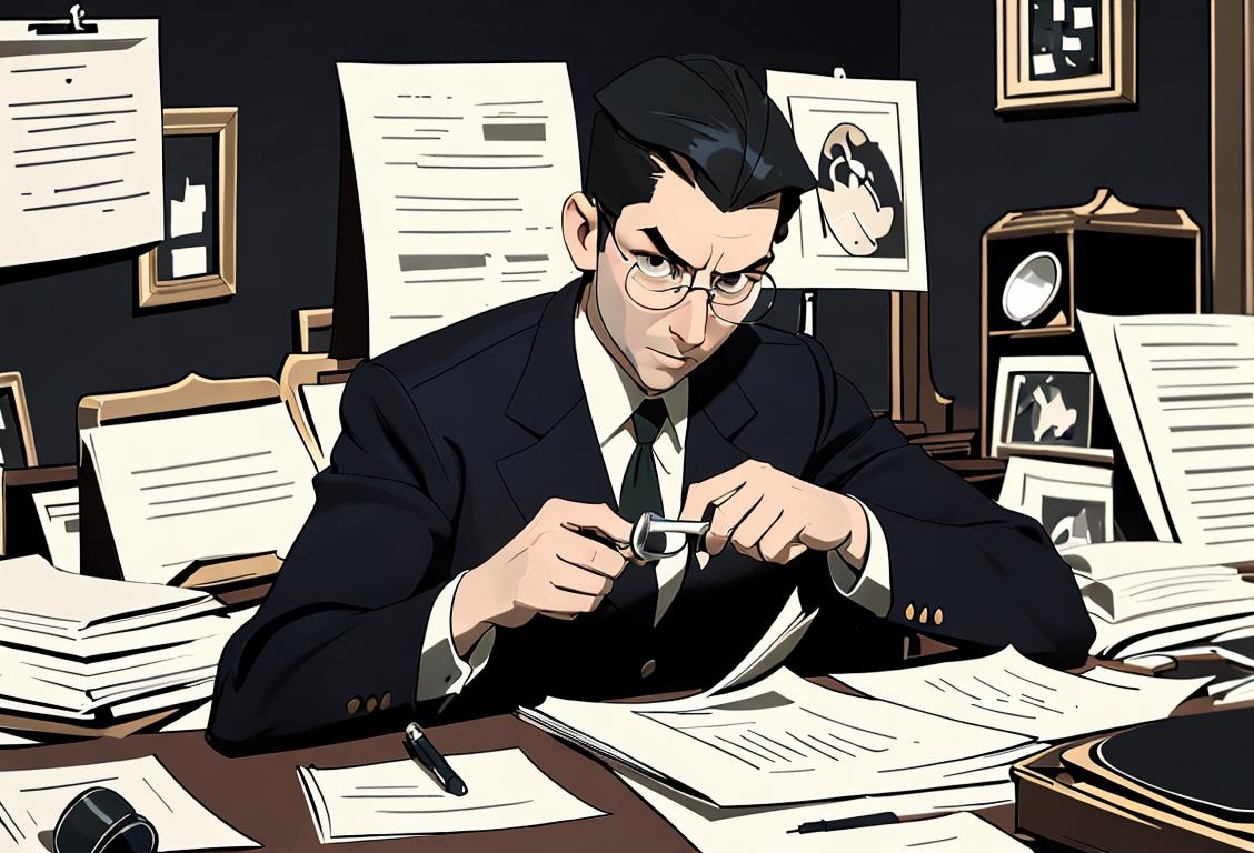 A diligent compliance officer wearing a sharp suit, holding a magnifying glass, surrounded by stacks of paperwork and a computer screen displaying rules and regulations..