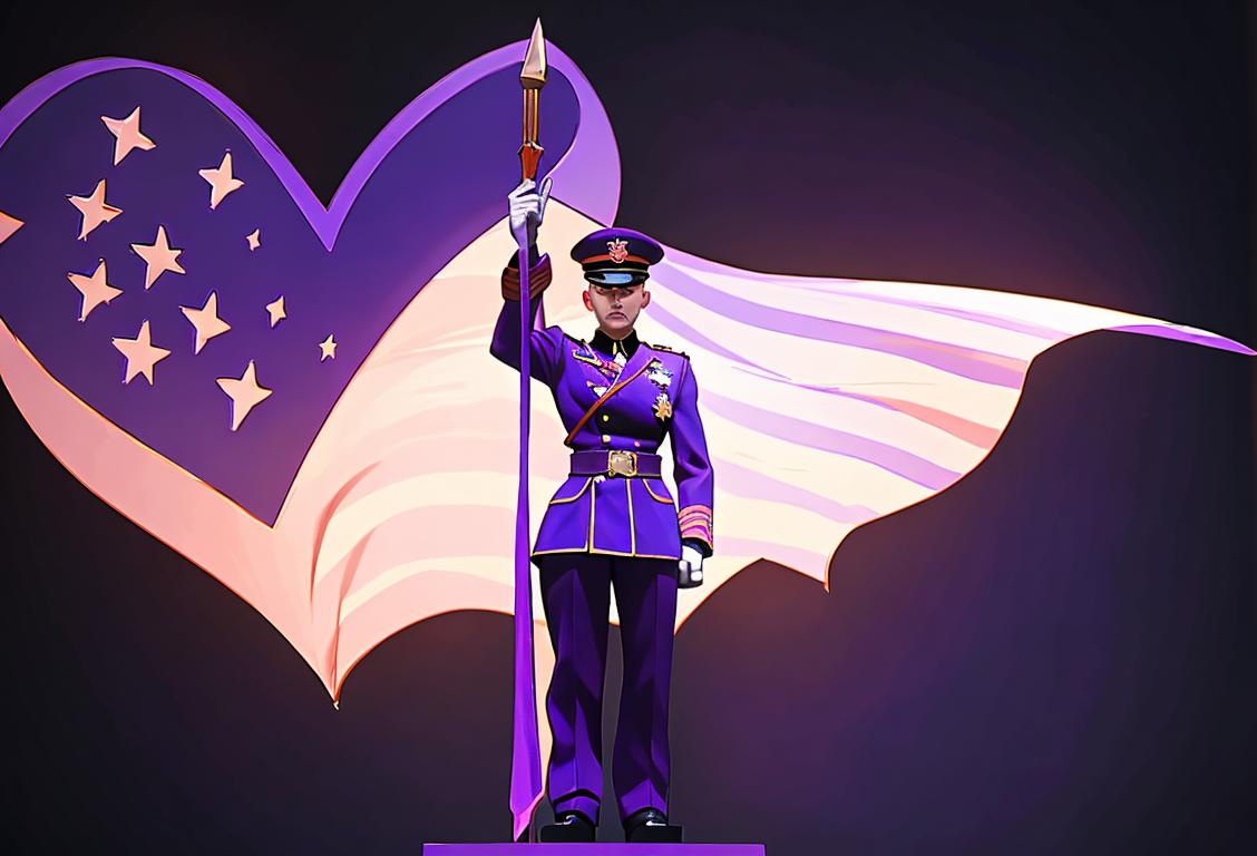 Soldier with purple heart decoration, standing tall and saluting, American flag waving in the background..